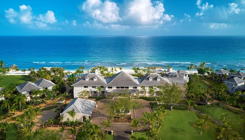 Aerial view of a beachfront luxury resort and gardens in Montego Bay, Jamaica