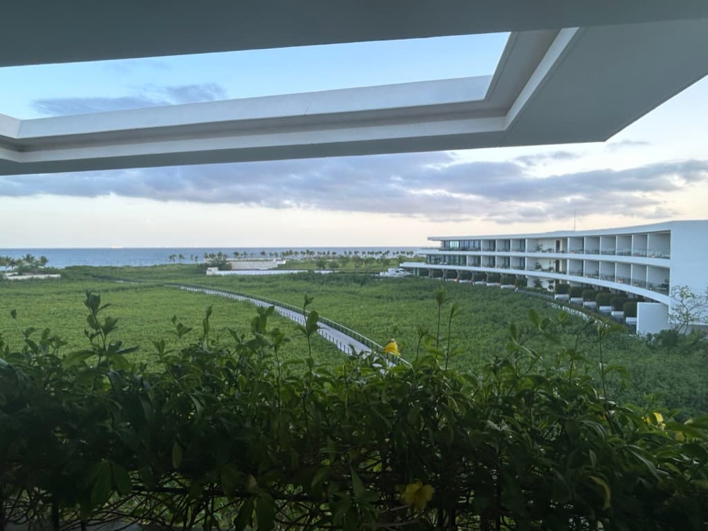 A curved modern luxury resort in Riviera Maya, Mexico, with a boardwalk crossing the mangrove toward the Caribbean Sea