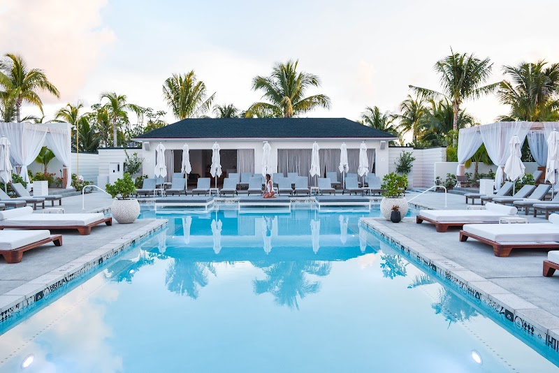 The white-cabana pool deck at SLS at Baha Mar, Nassau, Bahamas